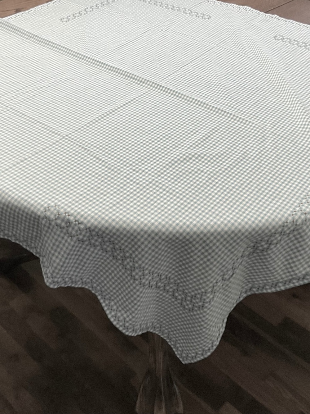 Gingham Tablecloth  Handcrafted cross stitch trim.  43”X43"